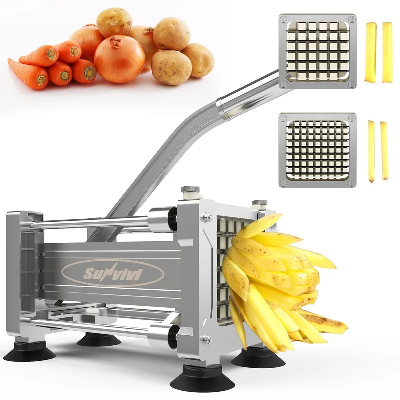 Sunvivi French Fry Cutter Stainless Steel Potato Slicer with 2 Replaceable blades (1/2 & 3/8 Inch), Professional Fries Cutter for Potatoes, Carrots, Cucumber, Onion, Yam
