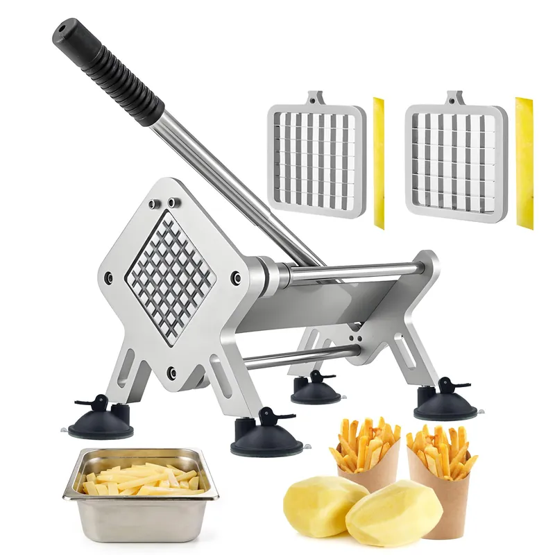 JXRLBHkuaj Professional French Fry Cutter, Heavy Duty Stainless Steel Potato Slicer with 1/2" & 3/8" Square Blades, Manual Veggie Cutter for Carrot/Cucumber/Onion, Commercial & Home Use, Silver JXR02