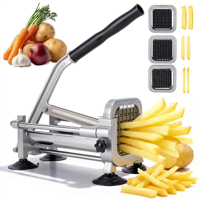 WODHMIEY Manual French Fry Cutter for Potatoes with Interchangeable Blades, Handheld Stainless Steel Potato Slicer for Home and Commercial Use (1/2‘‘ & 3/8‘‘ & 1/4‘‘)