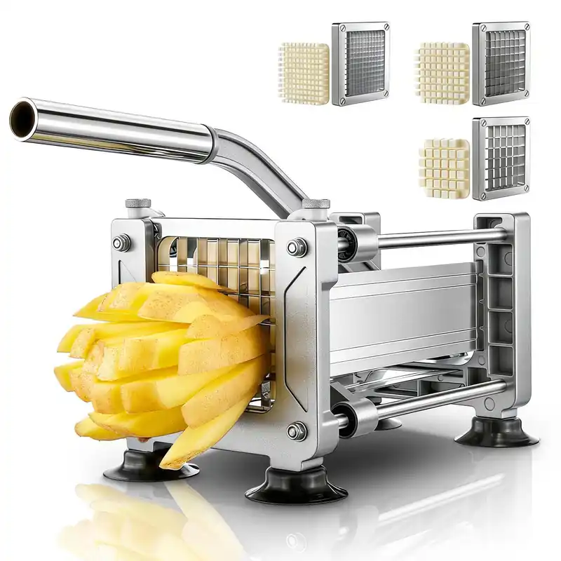 FOHRER French Fry Cutter, Professional Manual Potato Slicer for Potatoes with 3 Heavy Duty Stainless Steel Blades (1/2, 3/8, 1/4 Inch) (Sliver)