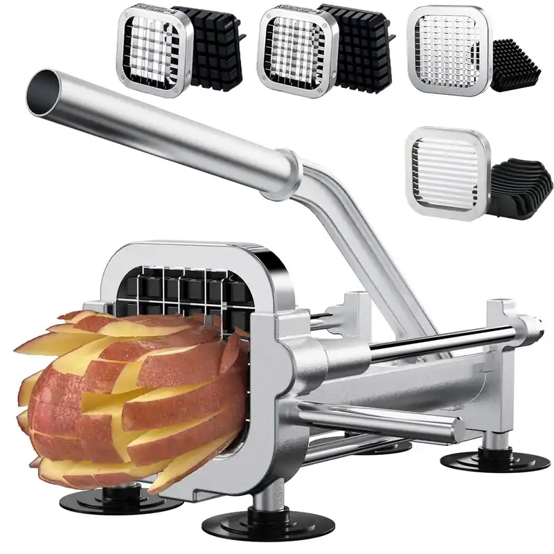 French Fry Cutter with Apple Slicer, Heavy Duty Stainless Steel Potato Cutter for Fries, Sweet Potato, Carrot, Cucumber, Lemon, Pear. 1/2” & 3/8” & 1/4” Cutter + 12-Grid Fruit Slicer.
