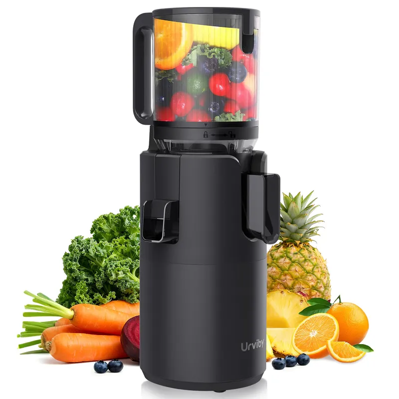 URVIBY Juicer Machines, 5.3" Large Feed Chute Cold Press Juicer with Double Press Technology, 400W Motor, High Juice Yield, Easy to Clean, Masticating Juicer for Whole Vegetables & Fruits, Dark Black