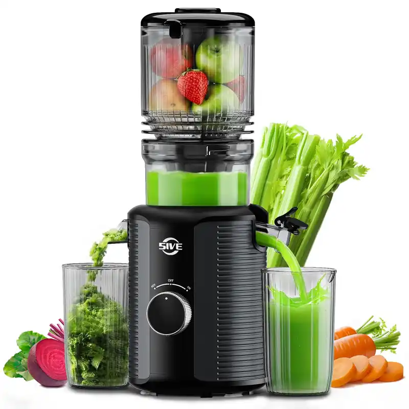 Cold Press Juicer Machine, 5-Inch Wide Chute Masticating Juicer, 1.2L Slow Juicer for Whole Fruits & Vegetables, Easy to Clean Electric Juice Extractor, Juice Maker with Recipe Guide, Black & Gray