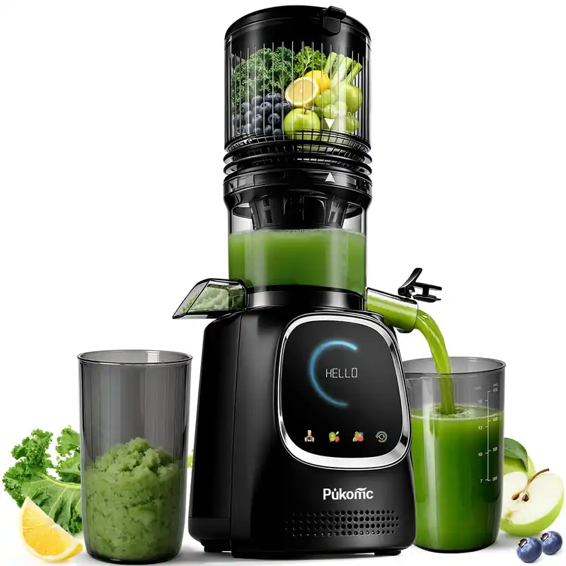 Pukomc Cold Press Juicer with Smart Display and Brushless Motor, 5.3‘‘ Wide Mouth Feed Chute, 300W High Power Slow Masticating Juicer, Whole Vegetables & Fruits Juicing, Easy to Use and Clean