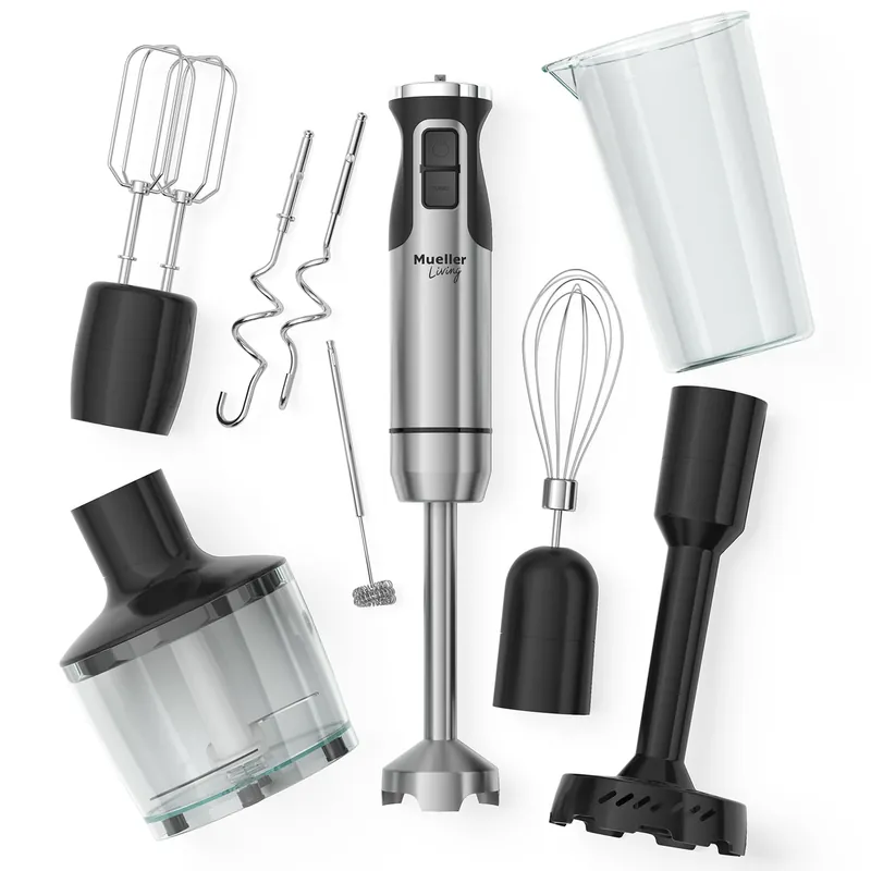 MuellerLiving Immersion Hand Blender Full Set - 8 Speed Immersion Blender, Hand Mixer with 7 Attachments Stainless Steel Blade, Whisk, Milk Frother, Beater, Mixing Hooks, Potato Masher, Chopper Bowl