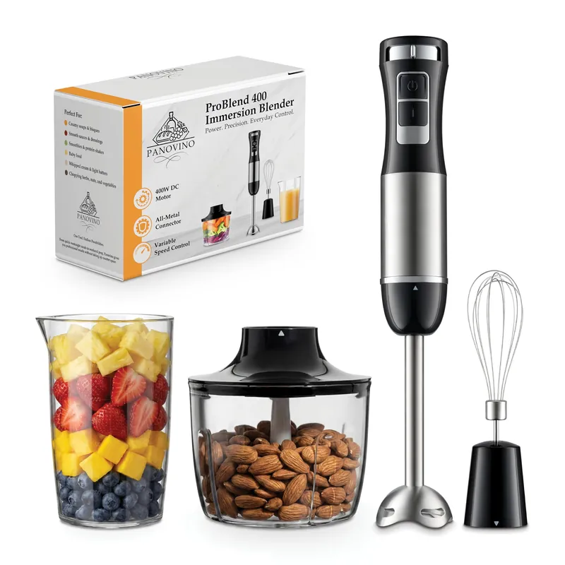 PANOVINO Immersion Blender with Stainless Steel Blending Arm, Whisk & Chopper – Variable Speed Hand Blender, 400W DC Motor, Metal Connector, Mixing Cup Included, Black
