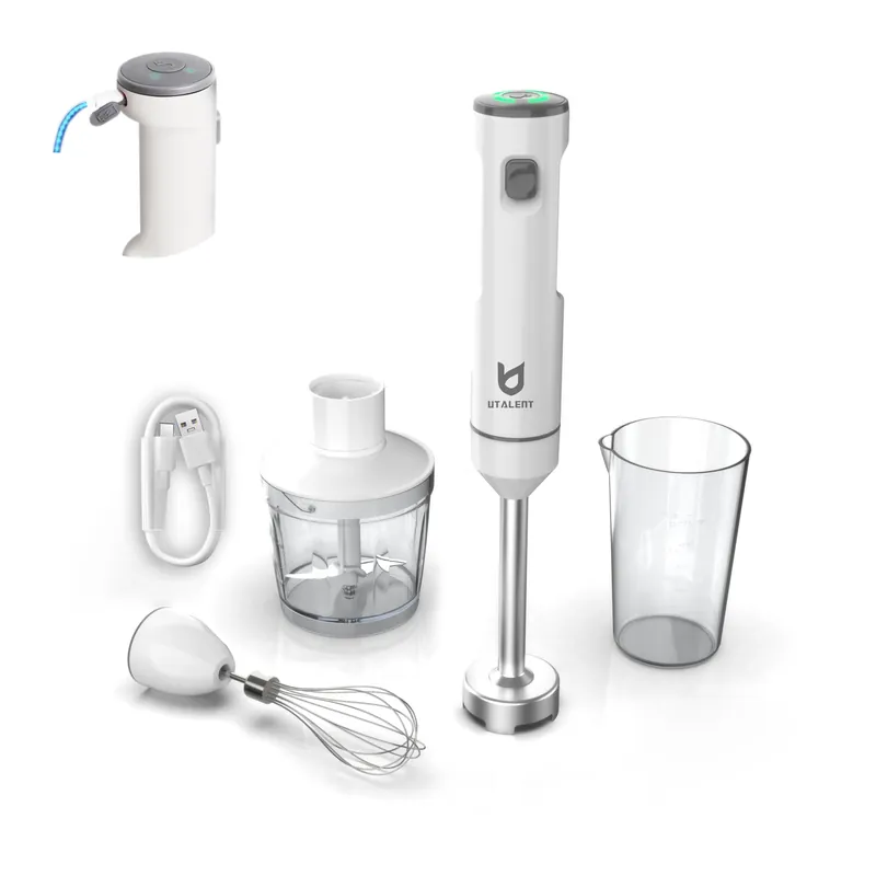 Cordless Hand Blender, UTALENT Variable Speed Immersion Blender Rechargeable, with 500ml Chopper, 600ml container, Egg Whisk, for Smoothies, Baby Food and Soups – White