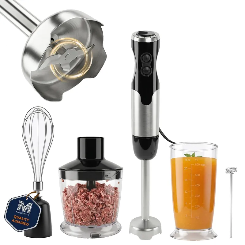 MEGAWISE HB-2062B 5-in-1 Hand Immersion Blender Set, 800W Powerful Stick Blender with Turbo Mode, Variable Speed Control, Stainless Steel Blade, Includes Whisk, Milk Frother, Chopper Bowl & Beaker