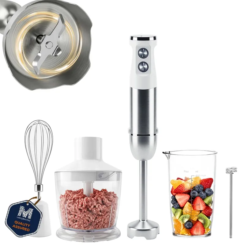 Megawise HB-2043 1000W 5-in-1 Immersion Hand Blender, Powerful Stick Blender with Variable Speed & Turbo, Stainless Steel Blades, Includes Whisk, Milk Frother, Chopper & Beaker(White)