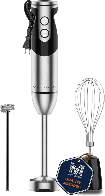 Megawise High-Power Hand Blender – 400W Max Power with Versatile 3-in-1 Attachments (Blending Shaft, Whisk, Chopper); Ergonomic Design with Adjustable Speed Control; Easy to Clean and Maintain (Black)