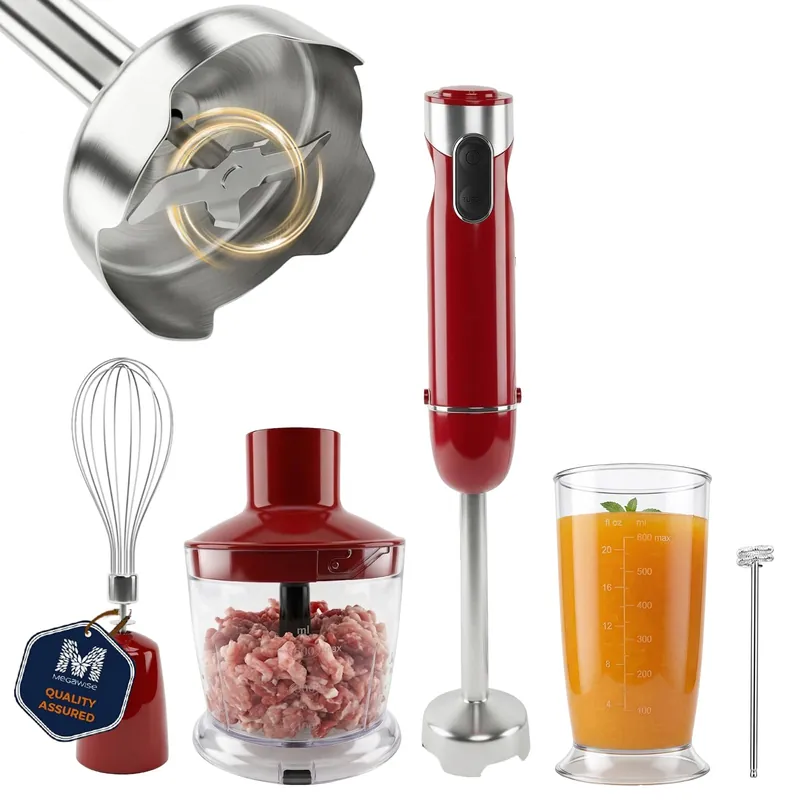 Megawise HB-2053 5-in-1 Hand Immersion Blender Set, 800W Powerful Stick Blender with Turbo Mode, Variable Speed Control, Stainless Steel Blade, Includes Whisk, Milk Frother, Chopper Bowl & Beaker