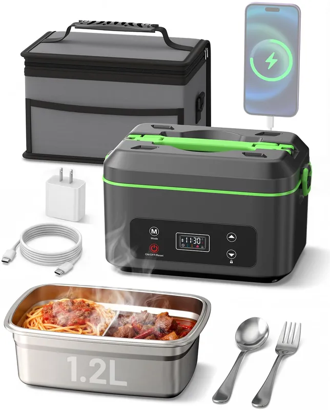 TaskStar Heated Lunch Box, 100W Cordless Electric LunchBox with Scheduled Heating and Leakproof 1.2L Battery Operated Food Warmer for Car Travel Jobsite, Portable for Truck Drivers Workers Adults