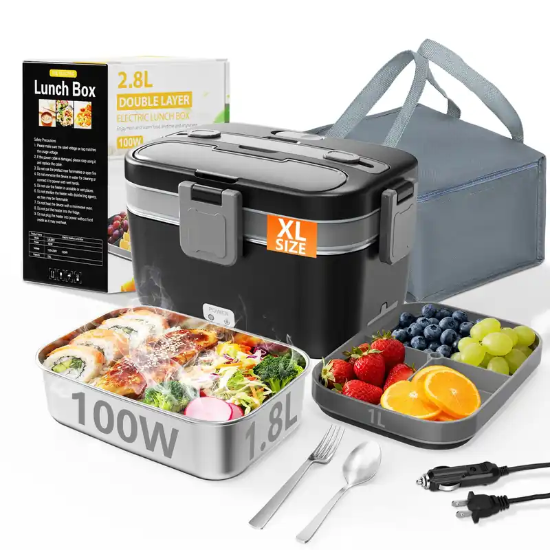 Electric Lunch Box for Adults, 2.8L Double Layer 100W Fast Heated Lunch Box, Heating Food Heater Warmer for Home Office Car Truck Use, Extra Large Lonchera Electrica Portátil 12/24V/110-230V, Black