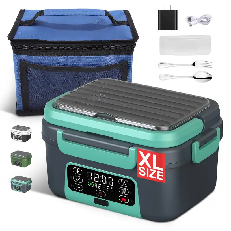 EDCREATY Electric Heated Lunch Box, 1.5L - 6.3 Cups 100W Rechargeable Smart Self-Heating Food Warmer with Removable Divider, Spoon, Fork, BPA Free, Portable Lunchbox for Car Travel Office Lake Green