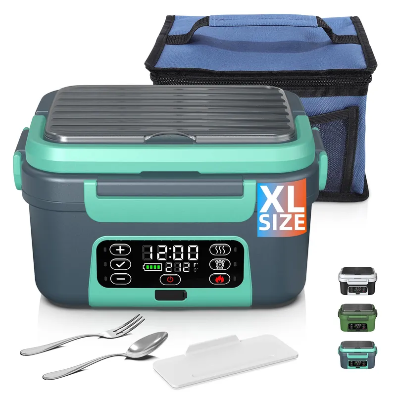 Omboos Cordless Electric Heated Lunch Box, XL 6.3Cups Rechargeable Food Warmer Lunch Box with Self Heating, Smart Timer, Adjustable Temperature, Leakproof, BPA Free, Removable Divider Dark Gray