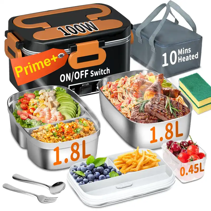 IFENROL Electric Heated Lunch Box for Adults, 100W 3-IN-1 2 Pack 1.8L Containers Heating Lunch Box for Men Portable Double Layer, Fast Heated Food Warmer,12V/24V/110V for Car Truck Office Home