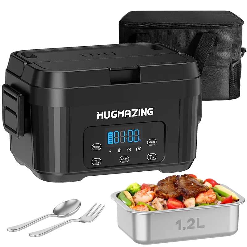Hugmazing Cordless Electric Lunch Box for Adults, Men & Women – Rechargeable Self-Heating Food Warmer with 1.2L SS Container, Battery-Powered Heated Lunch Box, Perfect for Work and Travel Use