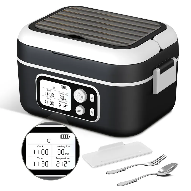 EDCREATY Electric Heated Lunch Box, 1.5L - 6.3 Cups 100W Rechargeable Smart Self-Heating Food Warmer with Removable Divider, Spoon, Fork, BPA Free, Portable Lunchbox for Car Travel Office Black