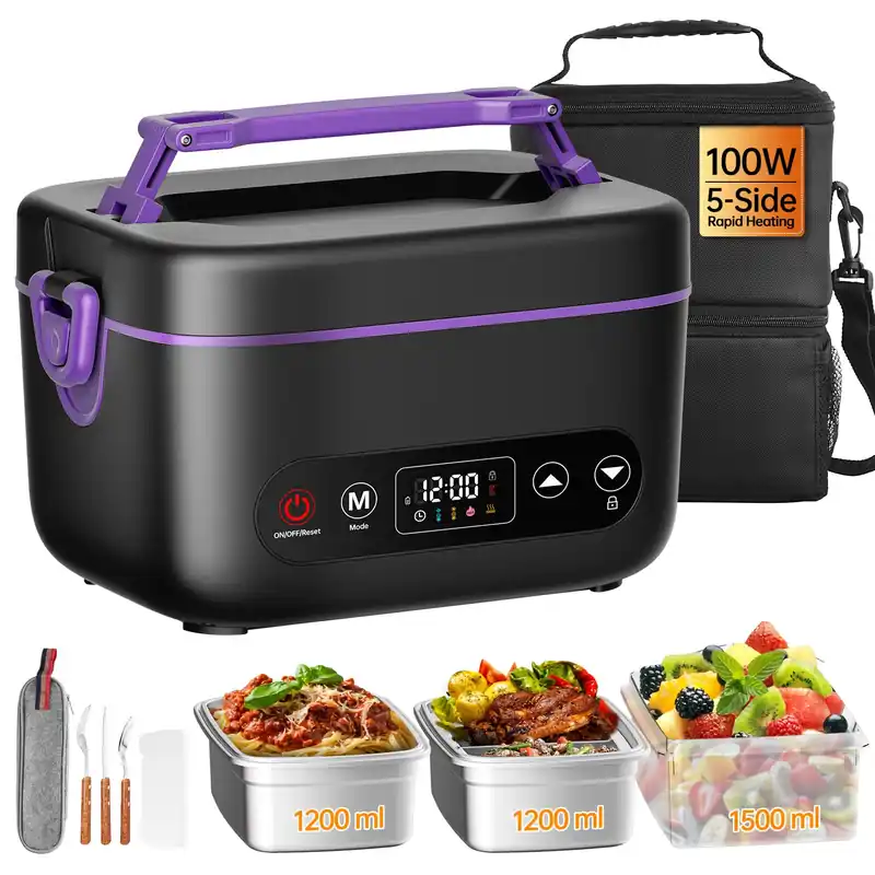 Zapone 2X1.2L Electric Heated Lunch Box, Upgared 100W 5D Surround Heat Tech 6x4000mAh Battery Powered with Dual Insulated Bag, Portable Food Warmer Automatic Heating 220°F Max BPA Free for Men Purple