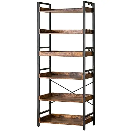 Adjustable 6 Tier Open Bookcase, Rustic Farmhouse Book Shelves, Industrial Wood and Black Metal Bookshelves