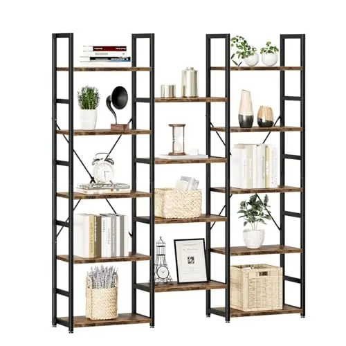 Triple Column 5 Tier Bookshelf, Bookcase with 14 Open Display Shelves, Adjustable Rustic Industrial Style Book Shelves