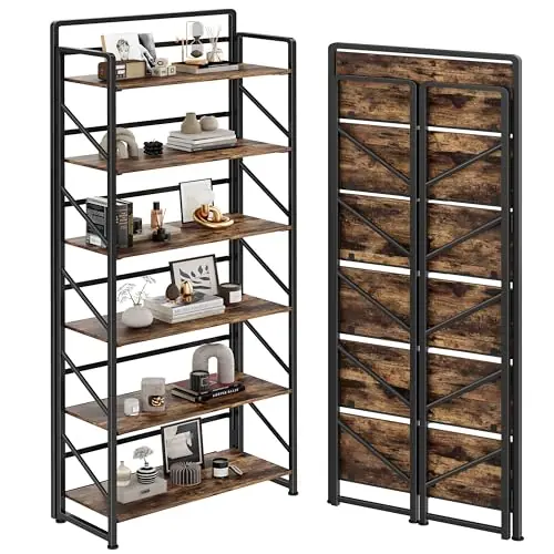 JSB No Assembly Folding Bookshelf, 6 Tier Industrial Metal Book Shelf for Storage