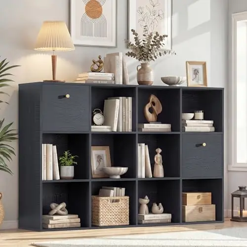 Cube Storage Organizer with 12 Open Shelf, Black Bookshelf with Storage Bins, Freestanding Book Case