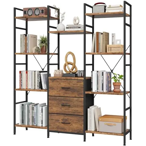 Triple Bookshelf with 3 Fabric Drawers, 4-Tier Book Shelf and 10 Display Shelves