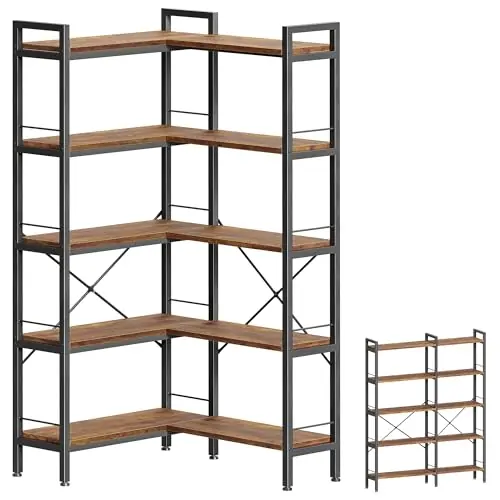 Huuger 5 Tier Bookshelf, L Shaped Corner Bookshelf with 10 Open Shelves