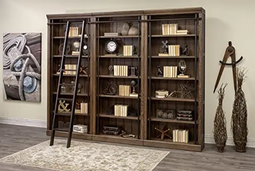 Martin Furniture Avondale 120" W Contemporary Wood Bookcase Wall with Ladder Storage Organizer Display, 5 Adjustable Shelves