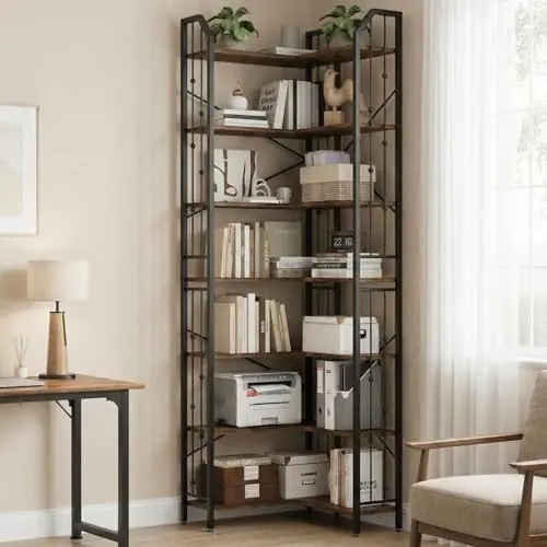 7-Tier Corner Bookshelf, 86" H L-Shaped Freestanding Display Shelf for Living Room, Wood and Metal Etagere Bookcase