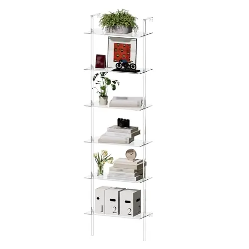 Ladder Bookshelf, 6-Tier Clear Wall Mounted Bookshelf with Open Shelves, Multipurpose Bookcase for Living Room