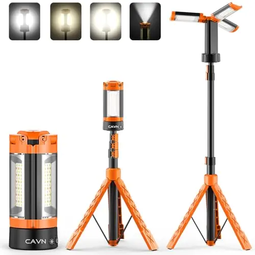 CAVN Rechargeable Camping Lights with Stand 6.5 ft Max Height, Portable Cordless LED Work Light 2200 Lumens 6500/4500/3500K Dimmable Camping Essentials Gear with Detachable Tripod, Orange