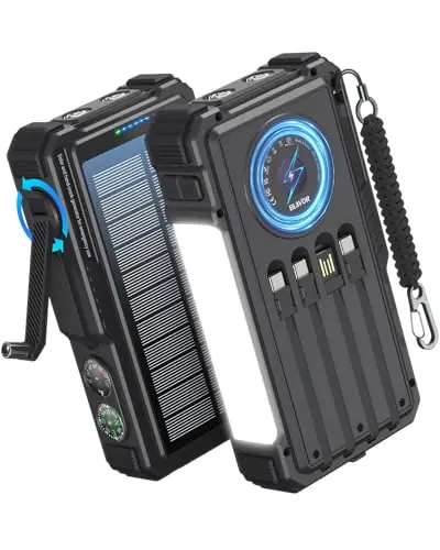 BLAVOR Solar Power Bank with Hand Crank and 4 Cables, 20000mAh Wireless Portable Charger with USB C & Camping Light, 20W Fast Charging Battery Pack for iPhone, iPad, Samsung, All Mobile Phones
