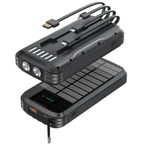 MINRISE Solar Charger Power Bank, 40000mAh Portable Charger PD 20W Fast Charging Solar Power Bank Built in 4 Cables and USB-C in/Output, Camping Essentials External Battery Pack with Flashlights