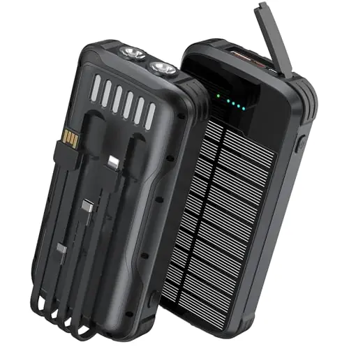 SOXONO Solar Charger Power Bank, PD 20W Fast Charging External Batter, 40000mAh Portable Phone Charger Built in 4 Cables with Dual Bright Flashlights for Camping, Hiking, and Outdoor Use (Black)