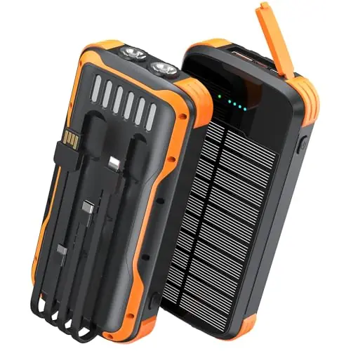 SOXONO Solar Charger Power Bank, PD 20W Fast Charging External Batter, 40000mAh Portable Phone Charger Built in 4 Cables with Dual Bright Flashlights for Camping, Hiking, and Outdoor Use