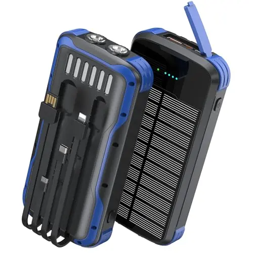 SOXONO Solar Charger Power Bank, PD 20W Fast Charging External Batter, 40000mAh Portable Phone Charger Built in 4 Cables with Dual Bright Flashlights for Camping, Hiking, and Outdoor Use (Blue)