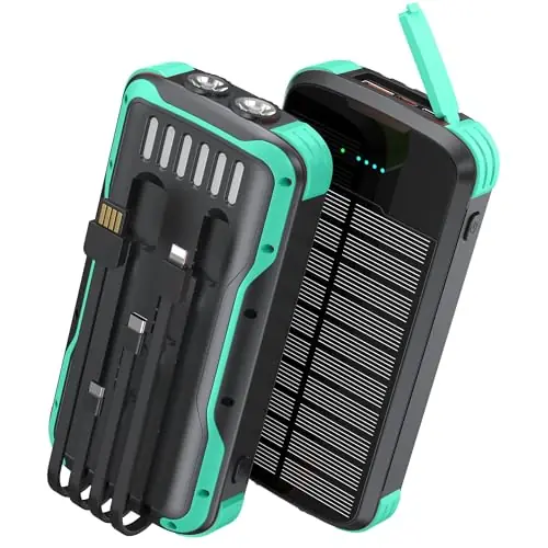 SOXONO Solar Charger Power Bank, PD 20W Fast Charging External Batter, 40000mAh Portable Phone Charger Built in 4 Cables with Dual Bright Flashlights for Camping, Hiking, and Outdoor Use(Green)