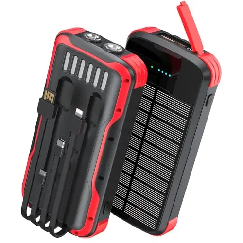 SOXONO Solar Charger Power Bank, PD 20W Fast Charging External Batter, 40000mAh Portable Phone Charger Built in 4 Cables with Dual Bright Flashlights for Camping, Hiking, and Outdoor Use(RED)