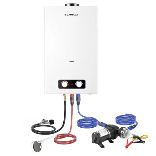 CAMPLUX Tankless Water Heater Outdoor, 4.22 GPM Propane Water Heater with 3.3 GPM Water Pump Kit & Pipe Strainer, for Off Grid, Cabins, 110,000 BTU, BD422P120