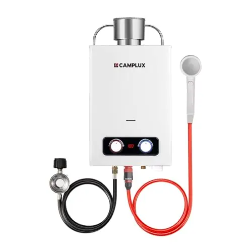 CAMPLUX Portable Tankless Water Heater, 1.58 GPM Outdoor Propane Water Heater with 3.54โโ S/S Rain Cap, for Camping, 41,000 BTU, BD158C