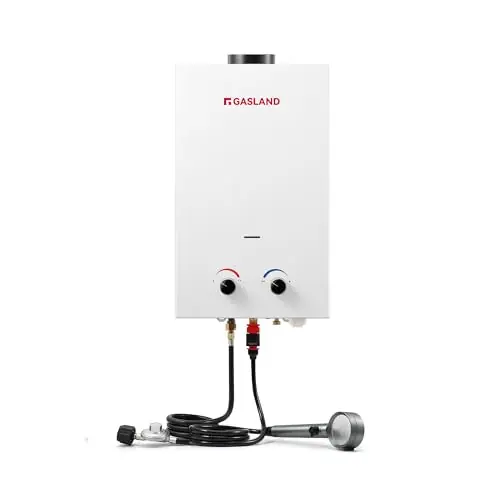 GASLAND BS211 Outdoor Portable Gas Water Heater 2.11 GPM, 8L Instant Propane Water Heater for RV Camping Cabin Boat, Overheating Protection, Easy to Install, White