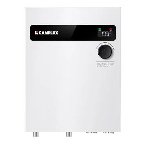 CAMPLUX Electric Tankless Water Heater 27kW 240V, Instant Hot Water, Self-modulating Technology, Multipoint of Use Water Heater with Digital Display, for Whole House Shower, White