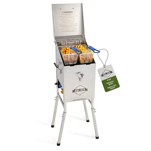 Hike Crew Outdoor 4-Gallon Propane Deep Fryer 57,000 BTU for Camping & Outdoor Kitchen with Push Ignition, 2 Stainless Mesh Frying Baskets, Built-In Thermometer, Gas Regulator & Drain Valve