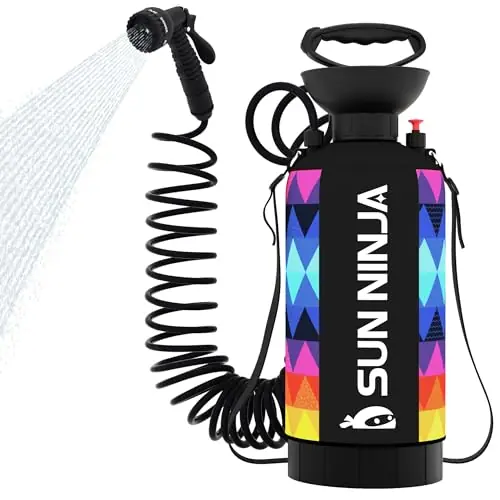SUN NINJA Portable Shower, 2.1Gal Camping Shower with 7 Mode Shower Head, Neoprene Cover Helps Keep Water Warm, High Pressure Hose, Easy to Carry, Multi-Color