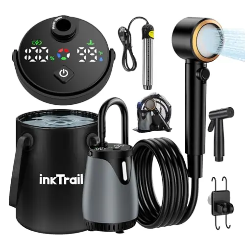 New Gen Portable Camping Shower with Heater & Foldable Bucket, Long-Lasting 6000mAh Rechargeable Camp Shower with Showerhead & Sprayer,Upgraded Pressure,5 Modes,Outdoor Camp Pump for Hiking,Travel,Pet