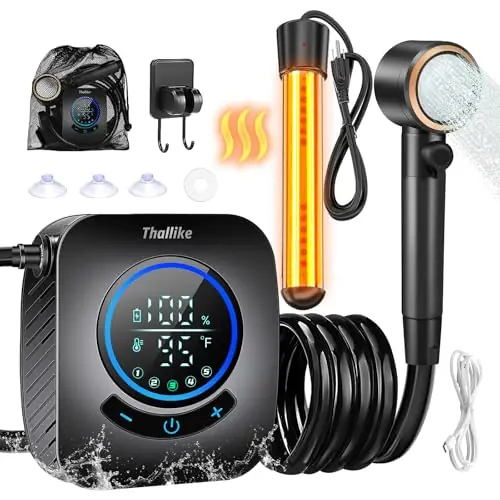 Upgraded Portable Shower with Heater, 1500W Immersion Heated, 8000mAh Rechargeable Camping Shower Pump with LED Display, IPX8 Waterproof Lightweight Outdoor Shower Pump Kit for Hiking