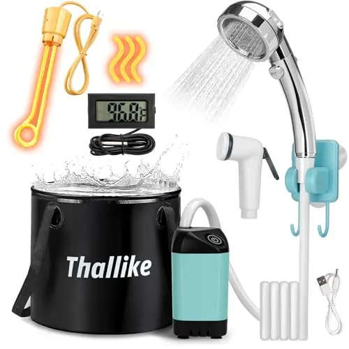 Thallike Portable Shower for Camping with Immersion Water Heater, Rechargeable Camping Shower Pump, Outdoor Hot Shower with 6.6 Gallons Folding Bucket for Camping, Hiking, Traveling, Washing