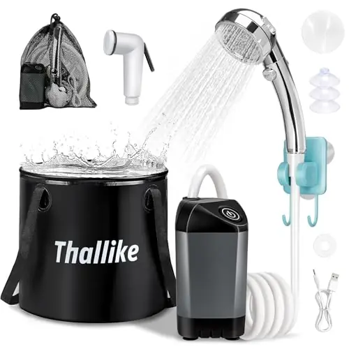 Thallike Portable Camping Shower, 4500mAh Rechargeable Shower Pump, 3-Mode Filtered Shower Head & 7.4 Gallons Foldable Bucket, Outdoor Shower for Hiking Beach, Travel, Pet Bath, Car Washing & Surf